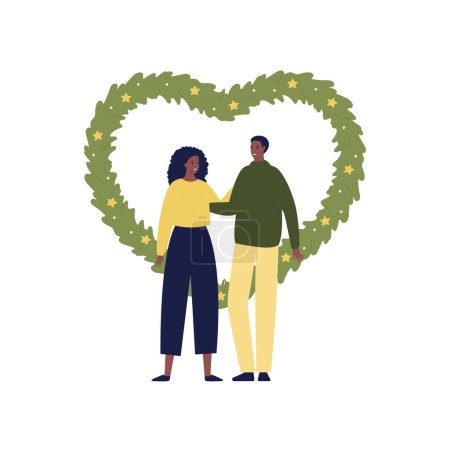 Illustration for Christmas and new year celebration concept. Vector flat design character illustration. African woman and man couple hug on decorated fir tree heart shape garland isolated on white background - Royalty Free Image