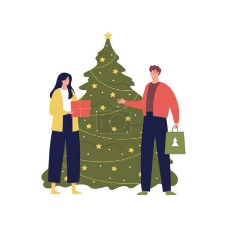 Illustration for Christmas and new year celebration concept. Vector flat design character illustration. Female and male hold gift box isolated on white background with decorated fir tree - Royalty Free Image