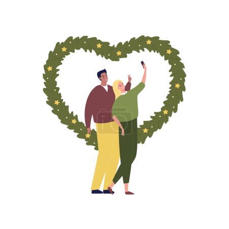 Illustration for Christmas and new year celebration concept. Vector flat design character illustration. Woman and man couple make selfie by smartphone on decorated fir heart shape garland isolated on white background - Royalty Free Image