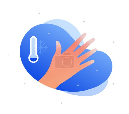 Frostbite and hypothermia health care collection. Vector flat healthcare illustration. Human hand with damage on fingers. Cold temperature thermometer symbol on blue background isolated on white