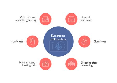 Illustration for Frostbite and hypothermia health care infographic collection. Vector flat design healthcare illustration. Red and blue circle with icon. Various icon of frostbite symptoms with text - Royalty Free Image