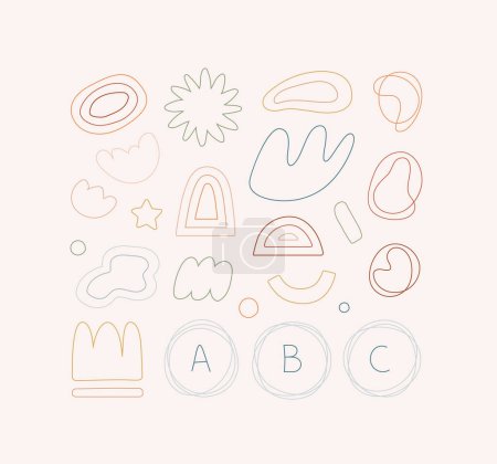Illustration for Childish abstract shape collection. Vector illustration set. Group of various pastel color line shapes isolated on beige background. Design element - Royalty Free Image