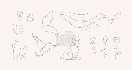 One line silhouette collection. Vector linear art illustration set. Flower, cat, dog, bird and butterfly animal black symbol isolated on white background. Design element