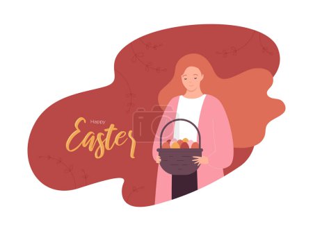 Téléchargez les illustrations : Easter egg concept. Vector modern flat illustration. Banner template. Woman hold basket of egg on red abstract shape frame with text. Design for happy easter day holiday, poster, invitation card. - en licence libre de droit