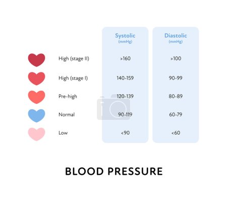 Téléchargez les illustrations : Blood pressure infographic. Vector flat illustration. Health care hypertension systolic and diastolic diagram isolated on white. Grid with low, normal, high level. Design for healthcare, cardiology. - en licence libre de droit