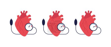 Illustration for Blood pressure infographic. Vector flat illustration set. Heart anatomy shape with low, normal, high pressure on monitor isolated on white background. Design for healthcare, cardiology. - Royalty Free Image