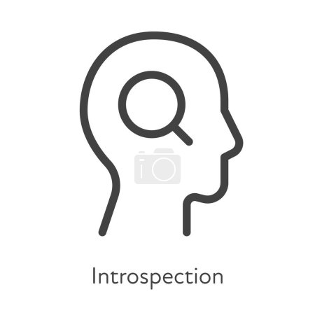 Illustration for Outline style ui icons soft skill for business collection. Vector black linear illustration. Introspection. Human head profile with magnifier glass symbol isolated. Design for corporate training - Royalty Free Image