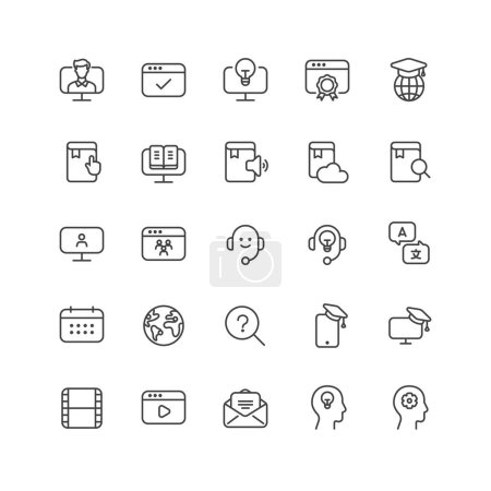 Outline style ui icons education and school class collection. Vector black linear icon illustration set. Online training course, library symbol. Design element for global university, college