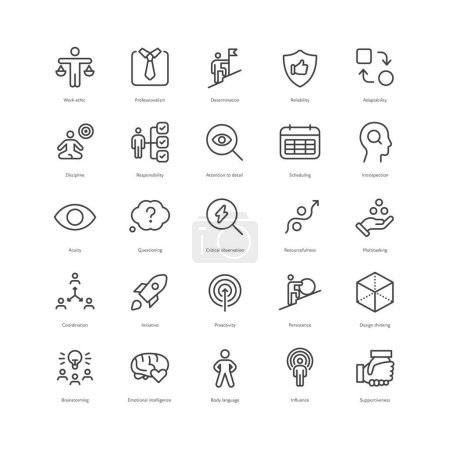 Illustration for Outline style ui icons soft skill for business collection. Vector black linear icon illustration set. Corporate training of useful work abilities symbol isolated on white background. Design elements - Royalty Free Image