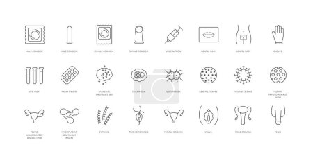 Illustration for Sexual transmitted disease collection. Vector flat healthcare illustration black outline icon set. STD and STI infection type, test, protection method and reproduction organ symbol. Design element - Royalty Free Image