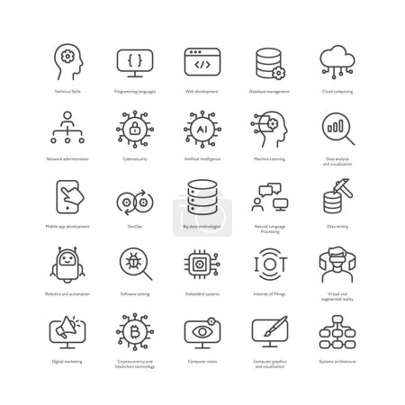 Illustration for Outline style ui icons hard technical skill collection. Vector black linear icon illustration set. Programming, development and big data symbol isolated on white background. Design element - Royalty Free Image
