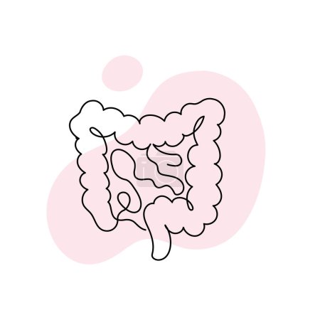 Illustration for Healthcare one line concept. Vector healthcare linear illustration. Gut intestine anatomy symbol silhouette on pink splash isolated on white background. Design for health care, gastroenterology - Royalty Free Image