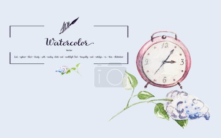 Vector watercolor illustration featuring red clocks paired with a lilac branch. This composition adds a touch of elegance to any printed material.