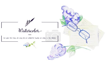 Ilustración de acuarela vectorial: un par de gafas que descansan sobre letras en medio de un telón de fondo de flores lila. Ideal para la mejora de materiales impresos con su encanto caprichoso