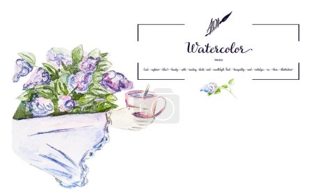 A captivating vector watercolor: hand with cup against lilac bouquet backdrop. Adds charm to prints.