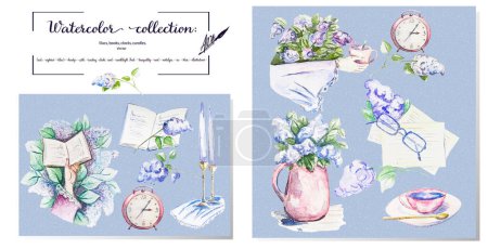 Ilustración vívida de la acuarela del vector: flores de lila, libros de lectura, velas, relojes de mesa