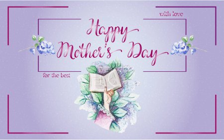 Ilustración de acuarela vectorial: una tarjeta de felicitación del Día de la Madre con una rama lila y una mano sosteniendo un libro abierto. Perfecto para expresar amor y aprecio. Feliz Día de la Madre