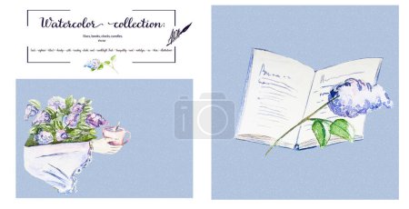 Ilustración vívida de la acuarela del vector: flores de lila, libros de lectura, velas, relojes de mesa