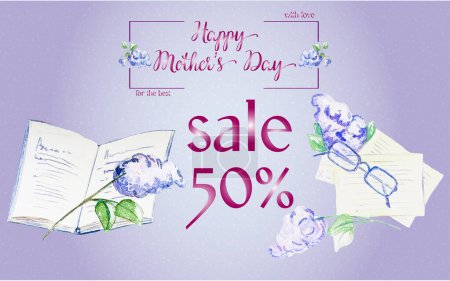 Vector watercolor illustration: a Mother's Day greeting card featuring a lilac branch and a hand holding an open book. Perfect for expressing love and appreciation. Happy Mother's Day! 50% off