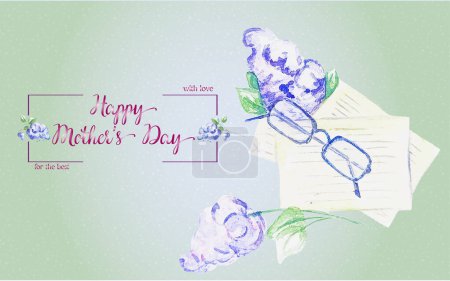 Happy Mother 's Day Vector Aquarell Illustration: eine Grußkarte zum Muttertag mit einem Fliederzweig und einer Hand, die ein offenes Buch hält. Perfekt, um Liebe und Wertschätzung auszudrücken.