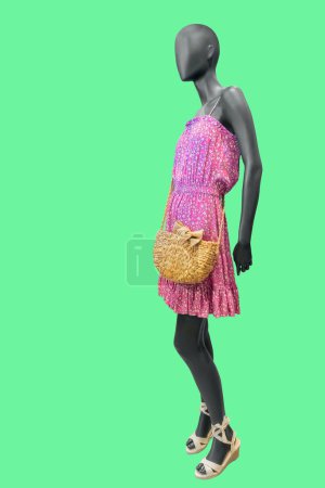 Foto de Imagen de longitud completa de un maniquí de exhibición femenina con vestido de moda rosa con patrón floral aislado sobre fondo verde - Imagen libre de derechos