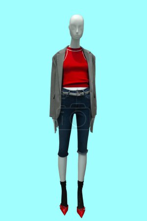 Full length image of a female display mannequin wearing fashionable gray jacket and blue denim shorts isolated on blue background