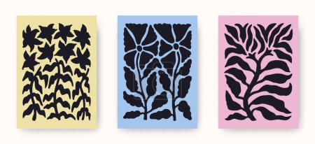 Ilustración de Conjunto vectorial de carteles florales abstractos. Modernas artes botánicas estéticas minimalistas con plantas florales, hojas en estilo hippie y Matisse corte moderno. Ilustraciones funky ingenuo groovy - Imagen libre de derechos