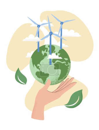 Photo for Vector illustration of human hand holding Earth globe, Wind power plant. Concept of World Environment Day, Save the Earth, sustainability, renewable wind energy source. - Royalty Free Image