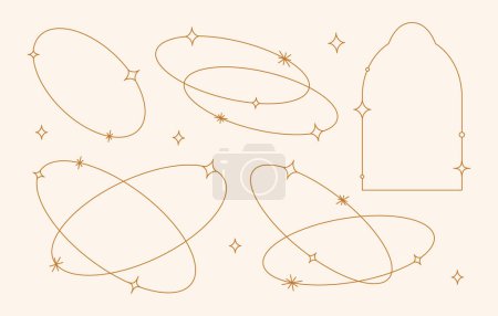 Photo for Vector set of linear minimalistic aesthetic frames and borders with stars. Round, oval and arch modern geometric shapes with sparkles for social media, decoration, logo design templates, layouts - Royalty Free Image