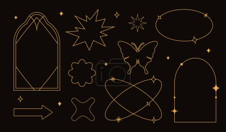 Photo for Vector set of linear minimalistic aesthetic frames, borders, geometric shapes with stars in boho and funky 2yk style. Rectangular, arch elements for social media, decoration, logo design template - Royalty Free Image