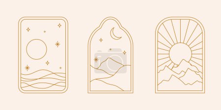 Photo for Vector set of linear boho frames with mountains, landscapes, deserts or sea. Travel emblems, symbols in trendy minimal bohemian and oriental style for social media, invitations, branding, stories - Royalty Free Image