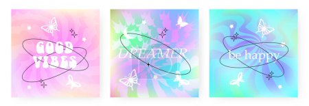 Photo for Vector set of illustrations with trendy gradient background with butterflies, stars, blurred heart. Modern vibrant postcards for fashion advertising, social media with motivational quotes in y2k style - Royalty Free Image