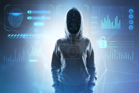 Photo for Anonymous access and face recognition concept with digital safety system interface and faceless person in hoody, double exposure - Royalty Free Image