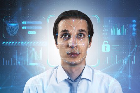 Photo for Safety system, biometrics and face recognition concept with digital access interface and young man face, double exposure - Royalty Free Image