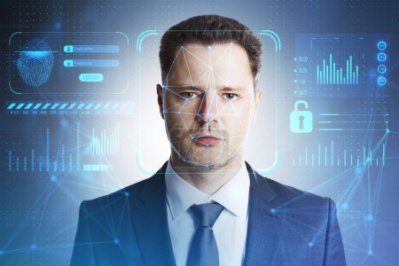 Photo for Biometric scanning, authentication by face recognition and safety system concept with digital access interface and handsome man face, double exposure - Royalty Free Image