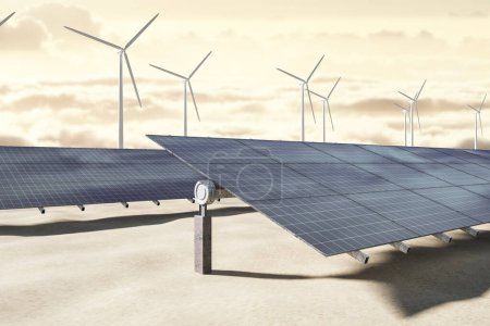Creative solar panel and wind turbines on sky and fluffy clouds background. Renewable energy and farm concept. 3D Rendering