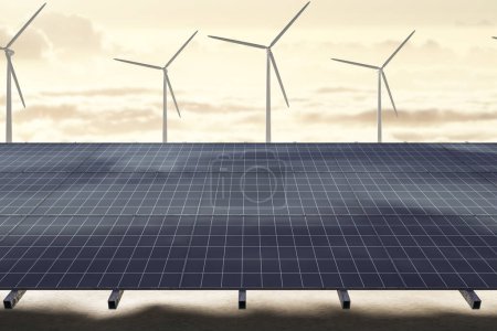 Creative solar panel and wind turbines on sky and fluffy clouds wallpaper. Renewable energy and farm concept. 3D Rendering
