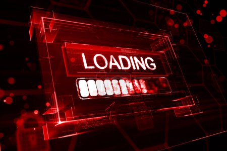 Loading data on low speed concept with digital white glowing loading sign in virtual glowing frame on abstract dark background. 3D rendering