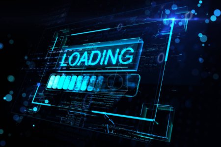 High speed loading data concept with digital blue glowing loading sign in virtual glowing frame on abstract dark technological background. 3D rendering
