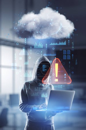 Hacking and internet security concept with faceless person in hoody with laptop in hands and abstract digital data cloud network interface with exclamation point, double exposure