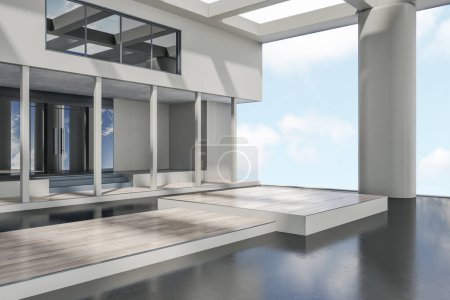 Creative contemporary concrete, glass and wooden rooftop, penthouse or balcony exterior with bright blue sky view. Design and architecture concept. 3D Rendering