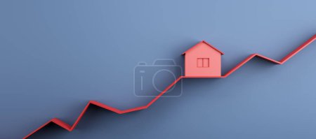 Concepto de valores de propiedad ascendente con diseño de casa roja en gráfico de línea roja ascendente sobre fondo azul abstracto. Renderizado 3D