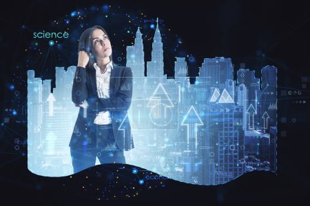 Attractive thoughtful young european businesswoman with abstract city hologram, arrows and business chart. Smart city and future concept. Double exposure
