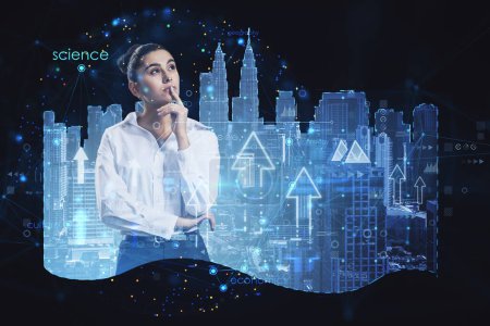 Attractive thoughtful young european female with abstract city hologram, arrows and business chart. Smart city and future concept. Double exposure