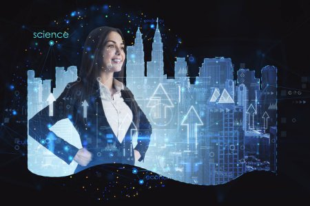 Attractive happy young european businesswoman with abstract city hologram, arrows and business chart. Smart city and future concept. Double exposure