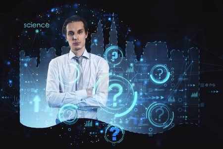 Attractive pensive young european businessman with folded arms and abstract city hologram, question marks and business chart. Smart city and future concept. Double exposure