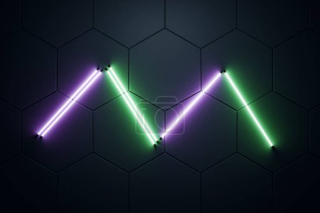 Creative background with neon lights M letter on dark hexagonal tile background. Design and light concept. 3D Rendering