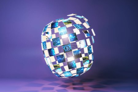 Foto de Esfera de galería de imágenes digitales abstracta con bitcoin y conceptos metaversos sobre fondo púrpura. Criptomoneda y concepto futuro. Renderizado 3D - Imagen libre de derechos