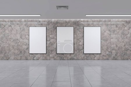 Foto de Interior del pasillo subterráneo de mármol creativo con banderas de simulacro vacías en la pared. Concepto Passage. Renderizado 3D - Imagen libre de derechos