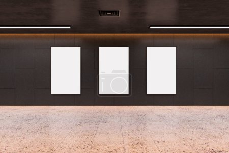 Foto de Interior del pasillo subterráneo negro creativo con la bandera vacía de la maqueta encima de la pared. Concepto Passage. Renderizado 3D - Imagen libre de derechos